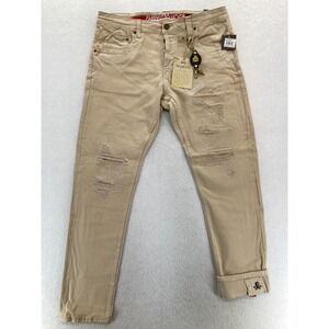 Smugglers Moon Jeans Mens 38x33 Khaki Beige Denim Button Fly Roll Up Distressed
